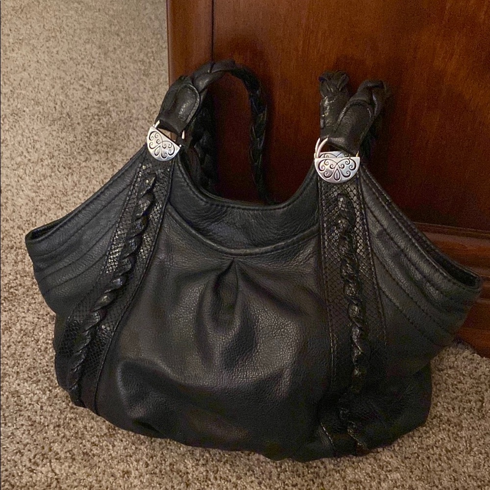 Brighton Black Shoulder Bag with Braided Handle and Silver Hardware